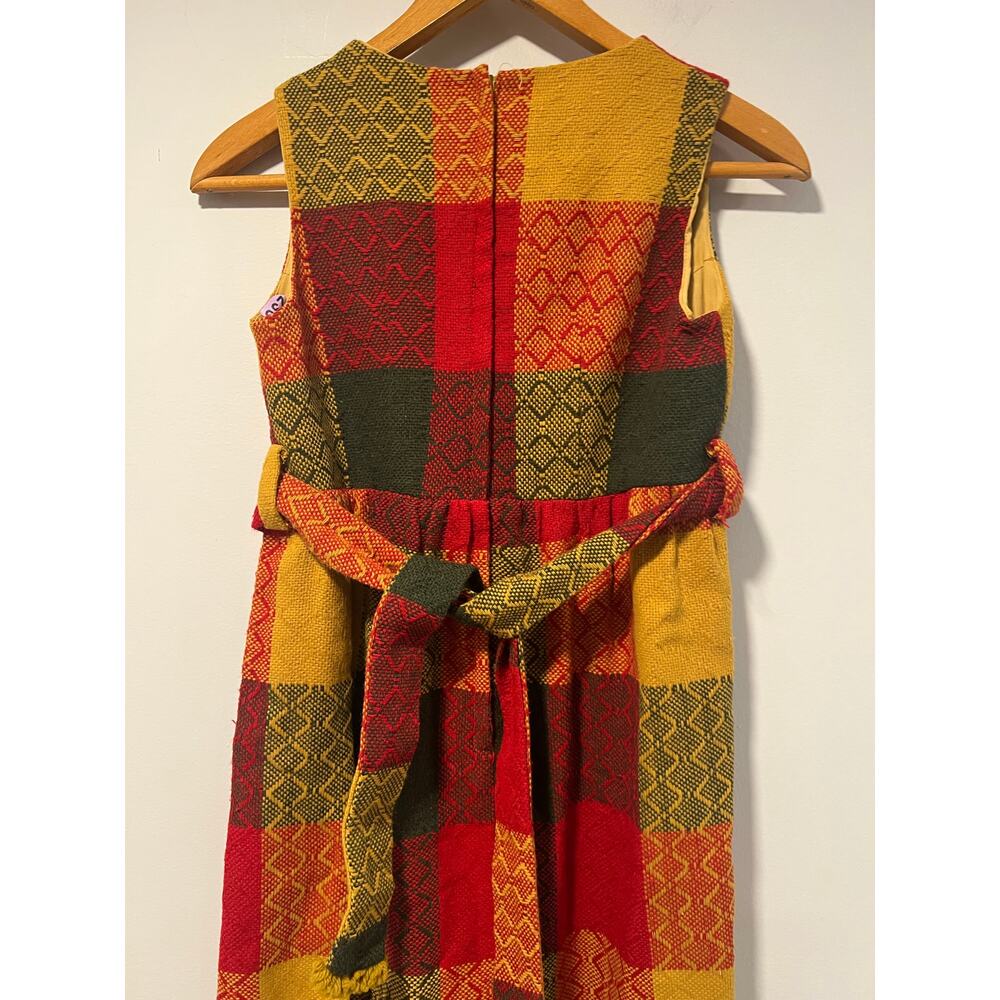 Vintage 1960s-70s Patchwork Plaid Sleeveless Maxi Dress w Belt Red Yellow Sm JL - Picture 7 of 11